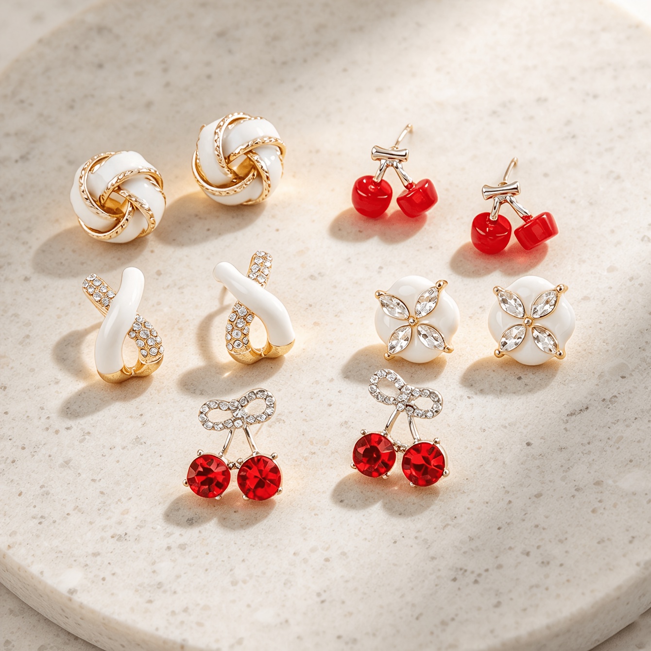 5 Pairs Cute Red Cherry Drip Enamel Earrings Set